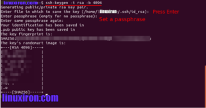 Introduction
The two primary techniques for user login authentication with the OpenSSH server are password authentication and public key authentication. The latter is commonly referred to as passwordless SSH login because you don't have to enter your password.
Setting Up Passwordless SSH Login in 2 Easy Steps
Step 1: On your Ubuntu desktop, create a public/private key pair
On your Ubuntu desktop (not your server), launch a terminal session, and type the following command.
ssh-keygen -t rsa -b 4096
Where
-t stands for type. The program above creates a keypair of the RSA type. The default type is RSA.
-b stands for bits. The key's length by default is 3072 bits. For greater security, we employ a 4096-bit key.
The password is at least 20 characters long and is used to encrypt the private key. When asked which file to save the key to, simply press Enter to use the original file.
The.ssh/id_rsa file in your home directory will house the private key (your identification).
The.ssh/id_rsa.pub file is where the public key will be saved.

We will observe how long the key (RSA 4096) is from the random picture. Now execute the next instruction.
file ~/.ssh/id_rsa
The output should be as follows:	
/home/username/.ssh/id_rsa: OpenSSH private key
The "No such file or directory" error indicates that the SSH key pair hasn't been created. To create it once more, issue the command ssh-keygen -t rsa -b 4096.
Step 2: Put Your Public Key on a Linux Server in the Distance
Note: You may use the next approach with any Linux distribution running on the remote server, including Debian, Ubuntu, RHEL, CentOS, and others, as long as it supports the OpenSSH server.
This is made simple by the ssh-copy-id program, which is part of the openssh-client package.
ssh-copy-id remote-user@server-ip
Put in the password for the remote user.

Now connect to the remote server via SSH, the public key will be saved in the .ssh/authorized_keys file in the remote user's home directory.
ssh remote-user@server-ip
You can choose to unlock your key when you log in so you don't have to re-enter your password. At this time, you need to enter the RSA password to unlock the private key.

After entering the master password, you are now connected to the remote Linux system.
exit
SSH into the remote server again.
ssh remote-user@server-ip
At this time, you log in to the remote control immediately, even if you have not entered a password or keycode. The scp command does not require you to enter a passphrase or passphrase when transferring files. The openssh-client package that comes pre-installed on the Ubuntu desktop also includes the scp command.

You may manually add the key passphrase using the following command if your Ubuntu desktop doesn't prompt you to remember it.
secret-tool store --label="Unlock password for: id_rsa" unique "ssh-store:/home/username/.ssh/id_rsa"
Password authentication can be turned off
Although your server now requires an SSH key to get in, you may still use a regular password to access the server from a different computer. It's best to disable password authentication on the OpenSSH server unless you want hackers to brute force attacks to gain access to your server.
Edit the /etc/ssh/sshd_config file on the remote server to disable password authentication.
sudo nano /etc/ssh/sshd_config
Look for this line:
#PasswordAuthentication yes
Replace it with:
PasswordAuthentication no
The ChallengeResponseAuthentication line can then be found. Ensure that it is set to no as shown below. You may still log in using your password if it is set to yes.
ChallengeResponseAuthentication no
Restart the SSH service after saving the file.
For Debian/Ubuntu
sudo systemctl restart ssh
For RHEL/CentOS
sudo systemctl restart sshd
The following error will now appear when you try to connect to a remote server via SSH if the required private key is absent from the /.ssh directory.
Permission denied (publickey).
Or
Read: Connection reset by peer
That indicates that the remote server does not support password authentication and only supports SSH login using ssh keys. You may still log in using the password if you set Password Authentication to no and Challenge Response Authentication to yes. Each of them must be set to no to eliminate password login.
Your Public/Private Keypair's Backup
It's crucial to back up your SSH keys after disabling SSH password authentication. You will be locked out of your server if you misplace the keys. Your public/private key pair should be archived somewhere secure, such as a USB stick.
cp ~/.ssh/id_rsa* /path/to/safe/location/
Additionally, you may transfer the key pair, including the private and public keys, to a fresh Linux PC and use SSH keys to connect to your server. Move the key pair to the new user.ssh/ directory after copying them to a new machine.
mv id_rsa* ~/.ssh/
The user on the replacement machine must be designated as the key pair's new owner.
sudo chown new-user:new-user ~/.ssh/id_rsa*
On the new PC, you may now log into a remote server using SSH keys.
On my local Ubuntu PC, I occasionally want to set up two user accounts for certain tasks. When I log into a different user account, I still want to utilize the SSH key. Simply transfer the SSH key pair's public and private keys to the newly created users' /.ssh/ folder. For the private key to be unlocked, you must input your RSA key passphrase. When signing in, you have the option of automatically unlocking the key so that you won't need to type the passphrase again.
Key Password Storage in SSH Agent
Note: Please don’t follow this section if your local computer has a graphical user interface.
You might notice that every time you SSH onto another Linux server in a command-line-only Linux environment, you have to input your password. This is so that the SSH agent does not keep your key passphrase.
The SSH client box's keychain installation and configuration.
sudo apt install keychain
Change the.profile or.bash_profile file after that. To ensure that these two instructions are executed each time the user signs in, add the following wording to it.
/usr/bin/keychain $HOME/.ssh/id_rsa
source $HOME/.keychain/$HOSTNAME-sh
Log out now, then log back in. You'll notice something like this:
Last login: Thu Dec 17 20:38:39 2015 from 74.125.128.103

* keychain 2.7.1 ~ http://www.funtoo.org
* Found existing ssh-agent: 17651
* Adding 1 ssh key(s): /home/<username>/.ssh/id_rsa
Enter passphrase for /home/<username>/.ssh/id_rsa:
* ssh-add: Identities added: /home/<username>/.ssh/id_rsa
Key chain checks to see whether an ssh-agent is already running before starting one. This time, you must input the crucial passphrase. When a user logs in and out, the key passphrase is retained, but you must enter it again when the system restarts.
You can now ssh to the ssh server without typing the code as long as the ssh server has a public key, the ssh client now has a private/public key, and the keyring has been established successfully.
Altering the private key password
If you need to change your private key passphrase, use the command below:
ssh-keygen -f ~/.ssh/id_rsa -p
Enter your previous password first, followed by your new one.
Pro Tip: Use Screen to Keep Your Session Alive
Have you been working on a remote server when all of a sudden your computer loses internet access, preventing you from finishing the task at hand? To continue your experience, utilize the fantastic screen utility. Screen installation on an Ubuntu server:
sudo apt install screen
Then the launch screen:
screen
You'll notice the starting message when the program initially launches. To finish, only hit Enter. After that, you can issue commands as normal.
If you have a lengthy process running on the server and don't need to do anything else right now, you can press Ctrl+A, let go of the keys, and then press the D key to end the current Screen session. A notice similar to this one will appear.
[detached from 32113.pts-1.focal]
You can see that 32113 is the previous Screen session ID from this. You can terminate your local PC and log out of the SSH session simultaneously. Not to worry, the server's task is still operating. When you need to verify the status, connect to your server using SSH and use the following command to acquire the previous Screen Session ID.
screen –ls
Sample output:
There is a screen on:
	32113.pts-1.focal	(05/19/2020 03:45:29 PM)	(Detached)
1 Socket in /run/screen/S-linuxbabe.
After that, you can reconnect to the earlier Screen session.
creen -r 32113
When your Internet connection resumes after losing it unexpectedly while you are using Screen, you can perform the following command on the server.
screen -d -r 32113
Because the last Screen session wasn't disconnected, we need the -d option this time. First, we must detach it (-d), then we must reconnect to it (-r).
Edit the Screen config file if you don't want to display the starting message every time.
sudo nano /etc/screenrc
Look for the next line. To uncomment something, remove the # symbol.
#startup_message off
Save the file.
Pro Tip #2: Automatically Start Screen Session
Edit the .bashrc file.
nano ~/.bashrc
At the end of this file, insert the following line.
if [ -z "$STY" ]; then screen -RR; fi
Save the document, then exit. The screen will automatically launch the next time you SSH into the remote server.

Final Thoughts
No matter how complex the password, it's less secure, because logging in repeatedly or to multiple servers slows down the process. Asymmetric keys and passwordless ssh authentication are not only more secure and prevent you from phishing attacks, but they are also more convenient.
Accessing your remote servers is made simple and secure by configuring passwordless SSH login on Linux. You can avoid entering your password each time you connect to a remote server by using public-key authentication. Set up passwordless SSH login by following the instructions in this article, then take advantage of the simplicity and security it offers.
